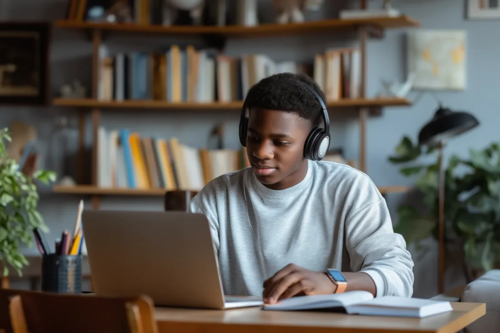 a boy with headphones virtual learning