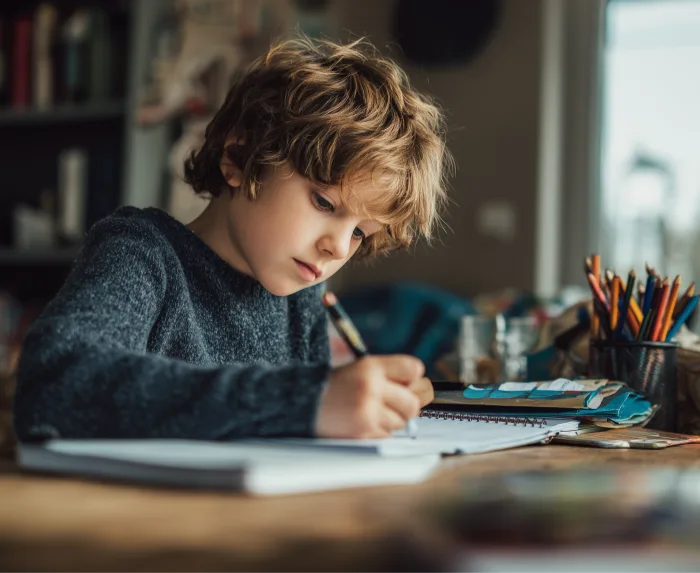 A boy writing at his desk